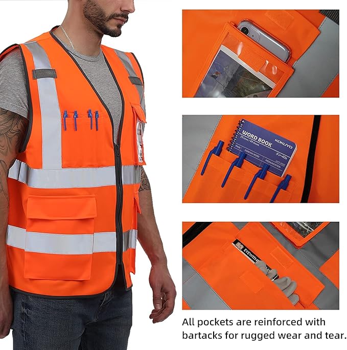 Dib Safety Vest Reflective ANSI Class 2, High Visibility Vest with Pockets and Zipper, Construction Work Vest Hi Vis Orange XL
