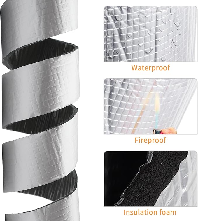 DOBTIM Foam Foil Pipe Insulation Wrap, Reflective Foil Insulation Tape Self Adhesive with High Resilience for Pipe Insulation Wrap 16 Ft Long x 2 Inch Wide x 3/8 Inch Thick