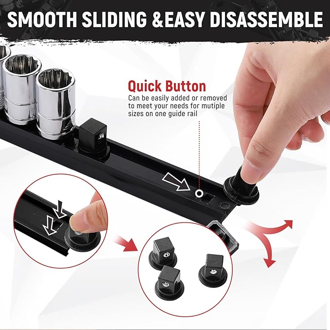 Magnetic Socket Organizer, 3-Piece Heavty Duty ABS Socket Holder, Socket Rail for Tool Box, Premium Quality 360° Swivel Socket Rack with 42 Clips for 3/8-Inch(Black)