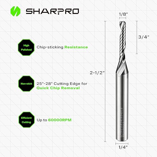 1/4 Inch Shank Single Flute (O Flute) Cutter Carbide Spiral Router 1/8 Inch Cutting Diameter Carbide Single Flute CNC Router Bit, Ideal for Aluminum, Plastic, Acrylic, Wood, MDF and PVC (3PCS)