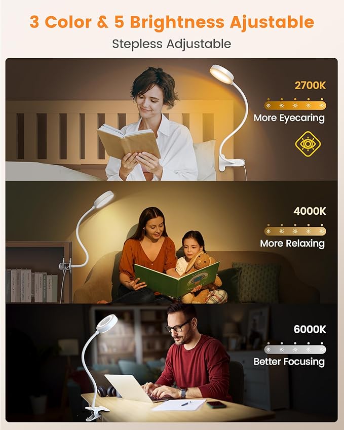 Glocusent 5W 72 LED Reading Clip on Light for Bed, Eye Caring Bed Lamp, 3 Colors & 5 Brightness Levels for Headboard with Adapter, Perfect for Reading, Working & Studying (White 2.0)