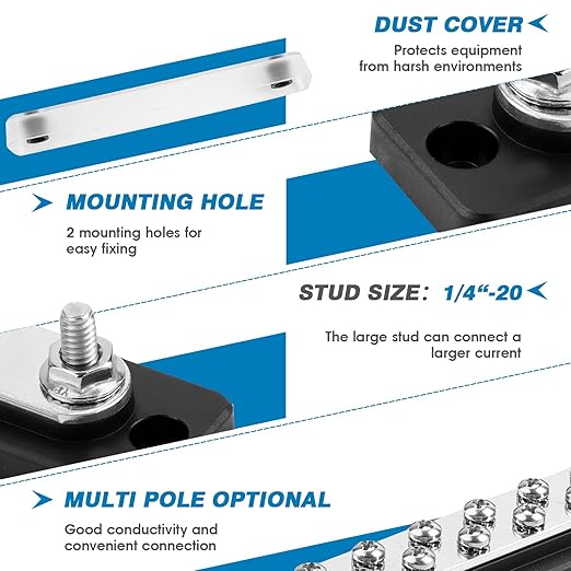GLOSO Common Bus Bar Power Distribution Block Marine Busbar Battery Terminal Distribution Block with Cover 150 Amp Rating 12P