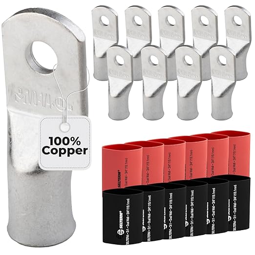 SELTERM 10pcs - 1/0 Awg - 1/4" Stud - Battery Lugs - Ring Terminal Connectors with 12pcs 3:1 Black & Red Heat Shrink Tubing with Adhesive | Heavy Duty Battery Cable Ends - Tinned Copper Wire Lugs Kit