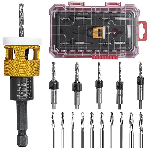Countersink Drill Bit Set for Wood,17 PCS Counter Sink Drill Bit with 15PCS HSS Tapered Drill Bits and 1/4" Hex Shank Quick Change for Woodworking with Storage Box