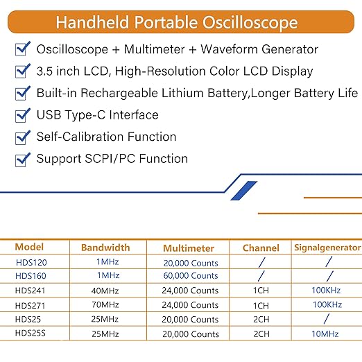 HDS271 OWON Oscilloscope Multimeter, 70MHz Bandwidth 1 Channel Digital Oscilloscope 3 in 1 Multi Multimeter Tester with 100KHz Signal Generator
