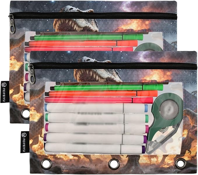 Dinosaurs Roar Pencil Pouch for 3 Ring Binder, 2 Pack Waterproof Pencil Bags - Image 2