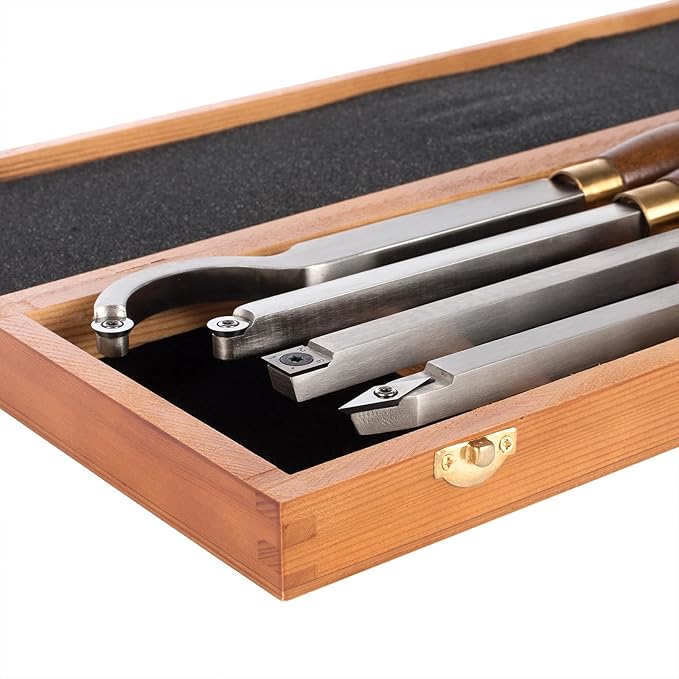 4-Pieces Carbide Tipped Woodturning Tools Lathe Chisel Set with Stainless Steel Blade, Wooden Box