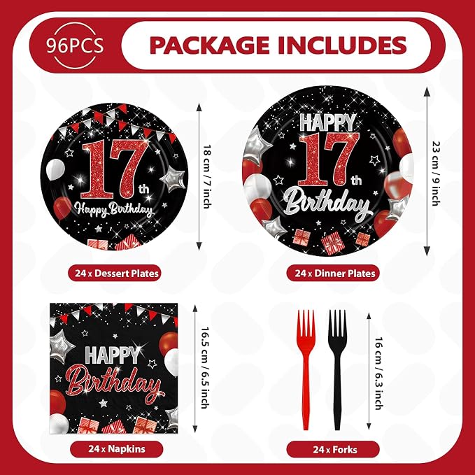96Pcs Red and Black Party Decorations Happy 17th Birthday Plates and Napkins - Image 2