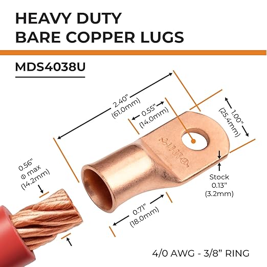 SELTERM 25pcs 4/0 AWG 3/8" Stud Battery Lugs, Ring Terminals, Heavy Duty Copper Wire Lugs, Battery Cable Ends, 0000 Gauge Ring Terminal Connectors, UL Bare Copper Eyelets Electrical Battery Cable Lugs