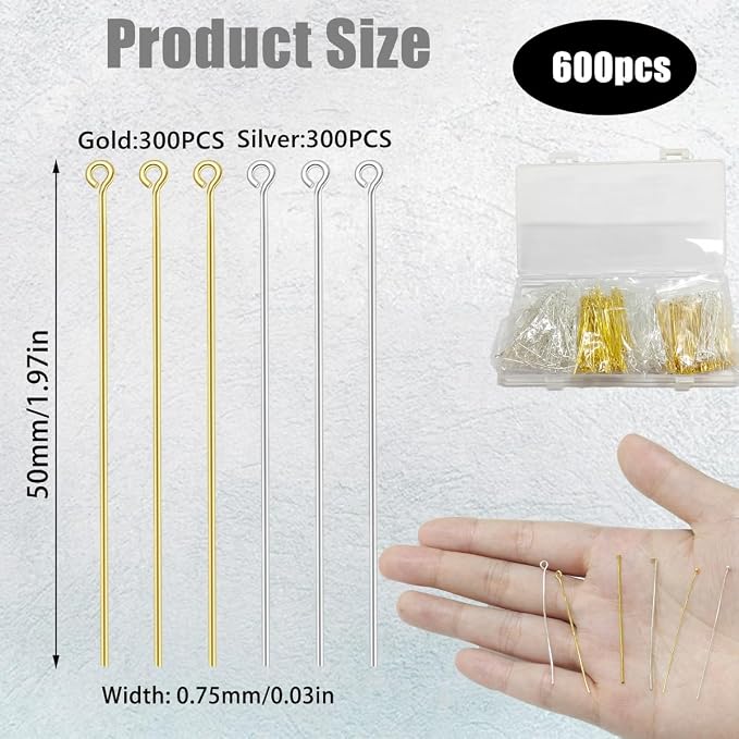 600 Pieces 2 Inch Eye Pins for Jewelry Making DIY, Straight Pins Jewelry Making - Image 2