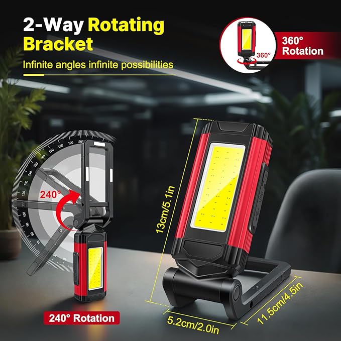 Rechargeable LED Work Light Magnetic Flashlight Portable 7 Flashlight Mode With Magnetizable Base Rotatable Stand 360° Infinitely Rotatable Type-C Charging for Camping,Car Reparing,Emergency Pack of 2