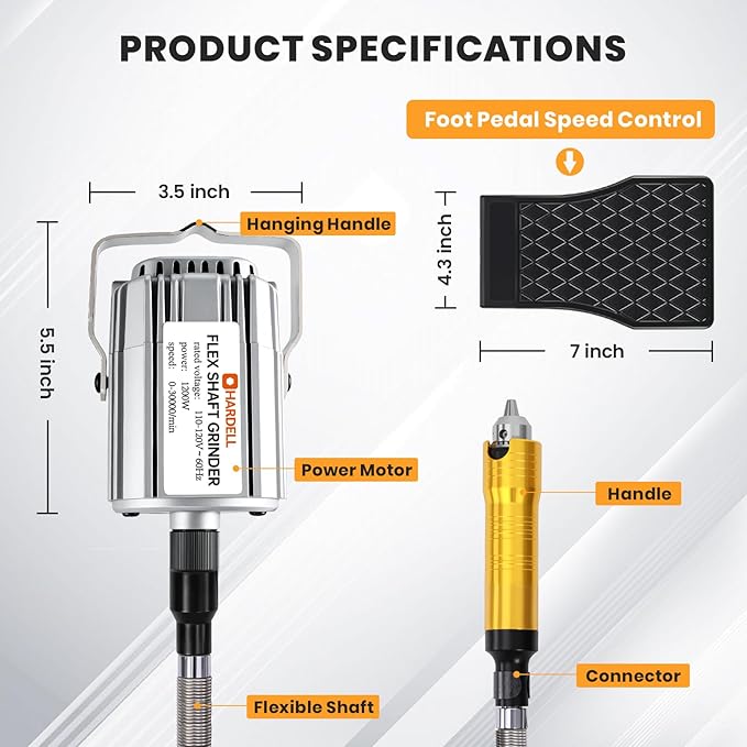 1200W Flex Shaft Grinder, 30000RPM Variable Speed Flex Shaft Rotary Tool Kit, 0-1/4" Universal Chuck Hanging Multi-function tool with 46PCS Accessories for Polishing, Carving, Silver, Wood, Creating