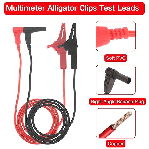 2PCS Heavy Duty Alligator Clips Test Leads, 18AWG Multimeter Alligator Clips Test Leads to Right Angle 4mm Banana Plug for Multimeter & Voltmeter, 3Ft 600V/1000V, Double Insulated ﻿ ﻿