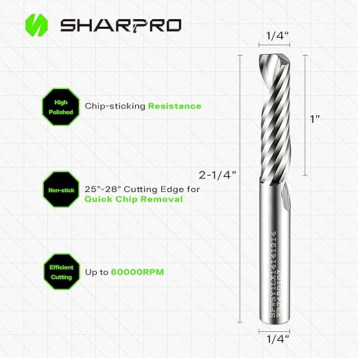 O Flute Upcut Spiral Router Bit 1/4 Inch Shank 1/4" Cutting Dia. 1" CL. 2-1/4"OVL. Carbide Single Flute CNC Router Bit, Ideal for Aluminum, Plastic, Acrylic, Wood, MDF and PVC (3PCS)