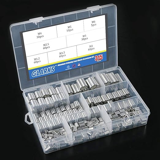 Glarks 315-Pieces 8 Sizes Aluminum Crimping Loop Sleeve Double Barrel Ferrule for Wire Rope and Cable Line End Assortment Kit - M1.2-M6