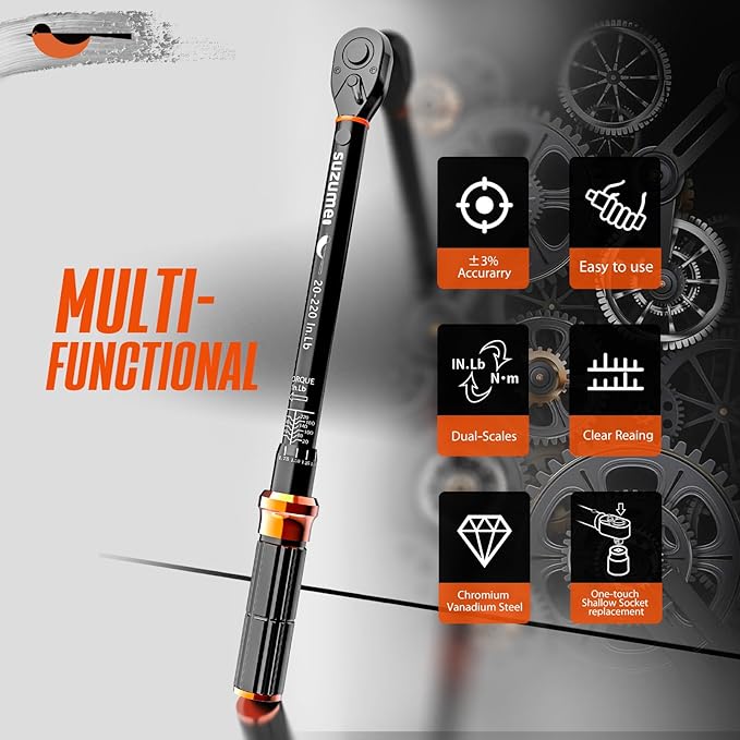 SUZUME 1/4 Torque Wrench (20-220 In.Lb/ 2.3-24.9 N.m) ±3% High Accuracy Torque Wrench 72 Tooth Dual-Direction Adjustable Dual-Scales Inch Pound Torque Wrenches for Bike