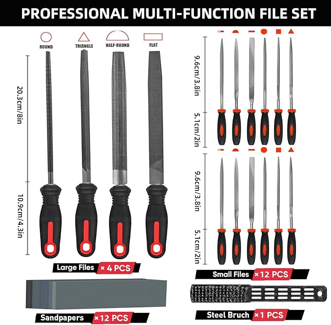 Greywolf 35 piece file set, metal files, premium T12 carbon steel flat, half-round, round, and triangular tips, plus 14 fine sanding tools and 16 sheets of sandpaper for metalworking and woodworking