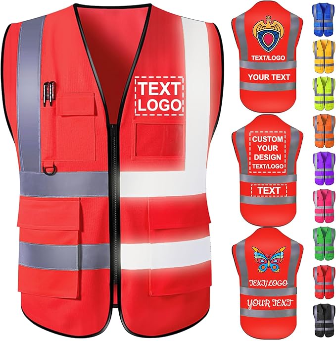 Custom Safety Vest with Logo for Men Women Personalized Class 2 High Visibility Reflective Vests with Pockets Zipper(S-5XL)