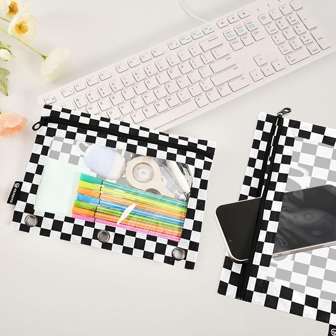 Custom Black White Checkered Pattern Pencil Pouch - Image 5