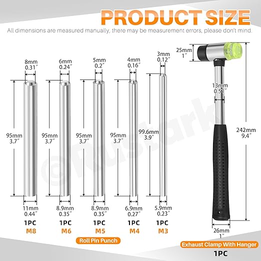 6Pcs 5 Sizes Roll Pin Punch Set with Double Faced Rubber Hammer Removing Repair Tools Steel Roll Pin Punches for Automotive Watch Bike Repairing