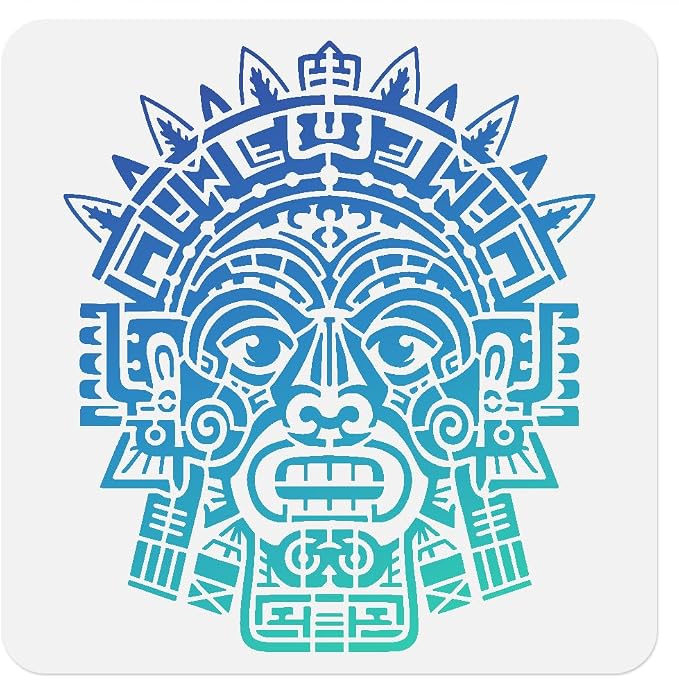 Aztec Head Stencil for Painting, 11.8" x 11.8" Reusable Mayan Stencil Drawing by Doodlream
