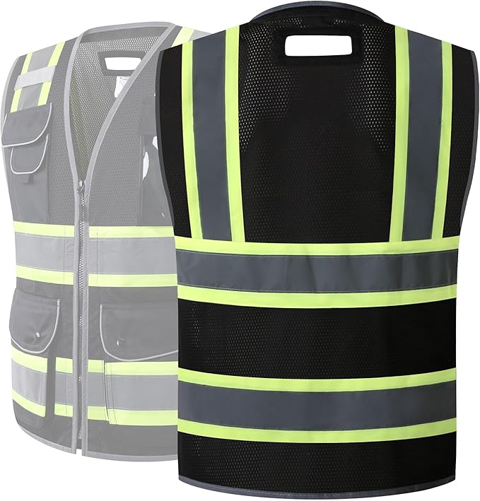 JKSafety 11 Pockets Hi-Vis Black Mesh Safety Vest for Men Women High Visibility Reflective Construction with Zipper Work Utility PPE Work Gear ANSI/ISEA compliant (102-Black XXL)