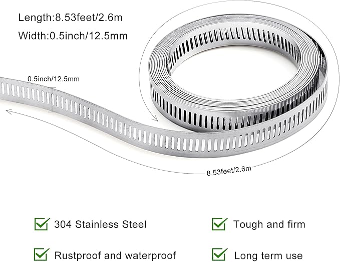 Hose Clamps, DIY 8.5 FT Metal Strap + 6 Fasteners, Hose Clamps Stainless Steel, Large Adjustable Hose Clamp Pipe Clamp for Pipe Automotive Mechanical Applications