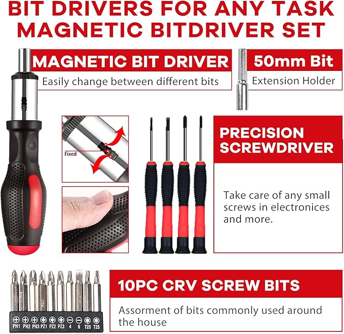 jar-owl 21V Max Cordless Drill/Driver Kit, Brushless, Tool Set with Drill and 112pcs Household Hand Tool Kit for Daily Home Repair, Red