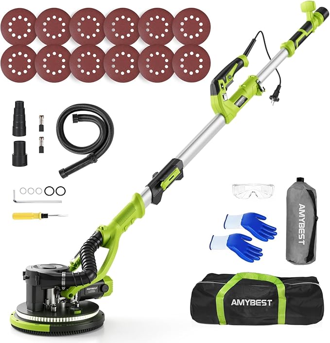 AMYBEST Drywall Sander, Powerful Electric Drywall Sander with Vacuum Dust Collection, 5 Speed 1000-2100 RPM, Popcorn Ceiling Remover, LED Light & 12 Sanding Discs, Extendable Handle (GREEN）