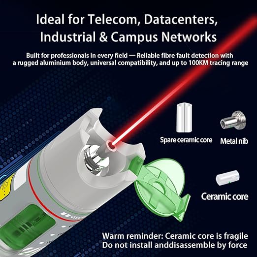 100KM Visual Fault Locator for Fiber Optic Cables, High-Power VFL Tester with FC/ST/SC/LC Support, Long-Range Fault Finder & Light Pen Tool for FTTH, Telecom, Datacenters, OTDR, Industrial Networks