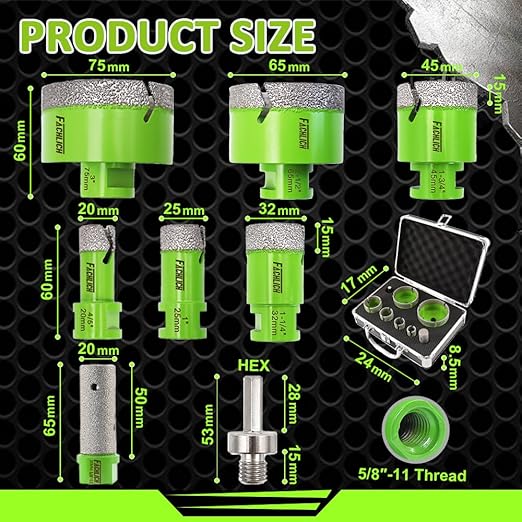 Diamond Core Drill Bits Set - 8pcs Tile Hole Saw Kit (20/25/32/45/65/75mm+20F+Hex) for Porcelain Ceramic Tile Granite Marble