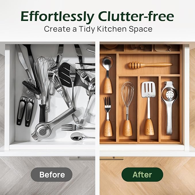 Carbonized Bamboo Kitchen Drawer Organizer, 8 Slots Silverware Organizer, Utensil Holder & Cutlery Tray, 2.2" Deep for Extra Capacity, Non-Slip Feet Included