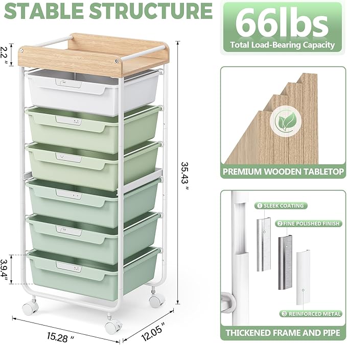 6 Drawer Rolling Cart for Craft Storage, Utility Drawer Organizer - Image 3