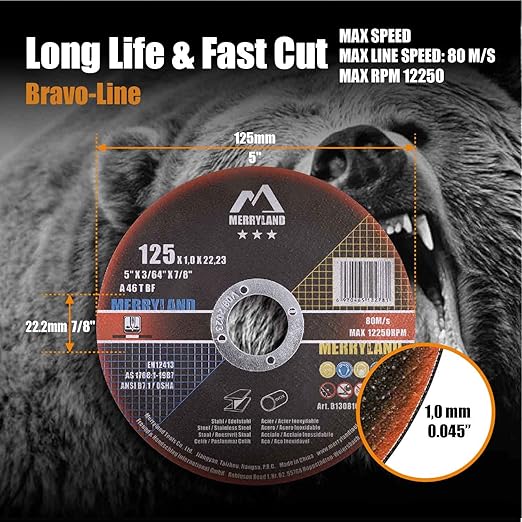 Merryland Cut Off Wheel 5 inch for Angle Grinder, Metal Cutting Wheel 5 X .045 X 7/8 Ultra Thin 50 Pack, Iron Stainless Steel Cutting Disc, Bravo-Line B13081042