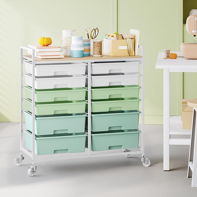 Rolling Storage Cart with 12 Drawers, Wooden Tabletop Utility Cart - Image 9