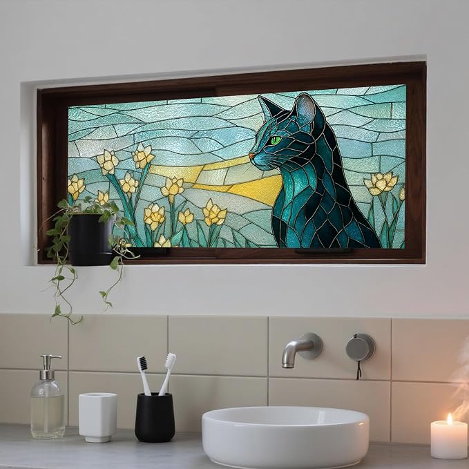 IVN Stained Glass Window Film 39.3x17.7 inch Cat and Daffodils Window Privacy - Image 7