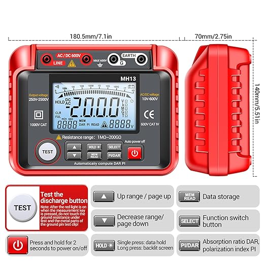 MH13 250V-2500V Digital Insulation Resistance Tester 1MΩ-200GΩ Megger Megohm Testing Meter Auto Range 2000 Counts LCD Display 10V~600V AC/DC Voltmeter with 100 Data Storage