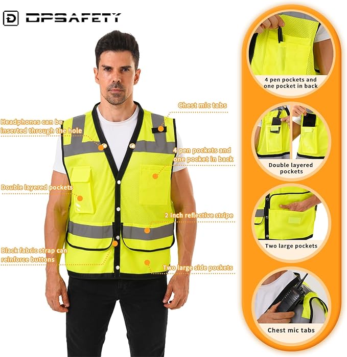 Reflective Safety Vest With Back Pocket, Hi Vis Class 2 Surveyor Vest, ANSI/ISEA Standard Construction Vest for Men & Women(Lime-Button, L)