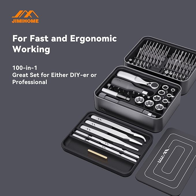 JIMIHOME 100 Pieces Precision Screwdriver Set with Ratchet and Tweezers Magnetic Screwdriver Kit Desktop Mini Tool Station 100-Piece with Bits for Electronics PC Laptop Tablet Repair Household Tool