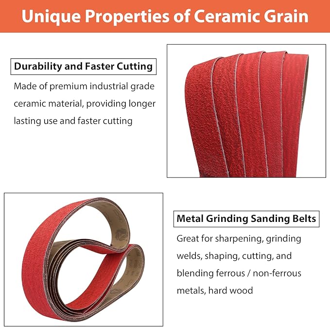 2 x 72 Ceramic Grinding Belts, 2x72 Inch Metal Sanding Belt, 36 40 60 80 120 Grits Knife Sharpening Sander Belts Assortment, 5 Pack