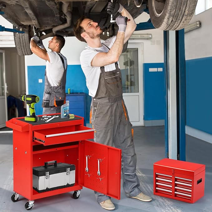 5-Drawer Rolling Tool Chest with Wheels - High Capacity Tool Cabinet with Detachable Top Toolbox for Garage and Workshop Organization - Metal Tool Cart with Liner & 4 Hooks, Red