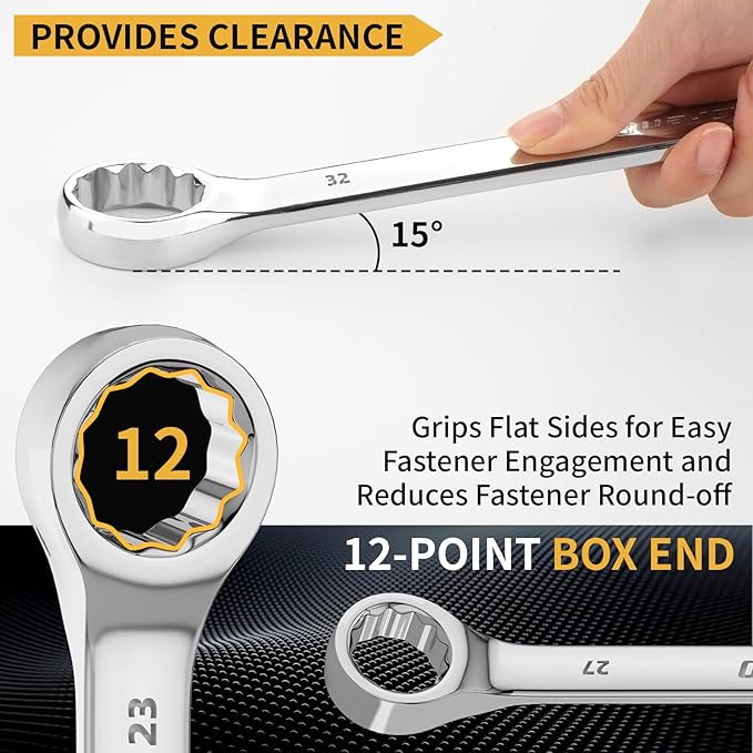 Metric Wrench Set, Large Wrench Set Metric and Standard, 7PC 23mm, 24mm, 26mm, 27mm, 30mm, 32mm Long Big Open End Wrench Tool Set Roll Up Pouch Organizer with Gauge, Combination Wrenches Sets