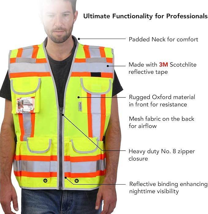 Dib Safety Reflective Vest Heavy Duty, High Visibility Two Tone Engineer Vest, Made with 3M Tape, Padded Collar, Retractable ID Pocket, Yellow XL