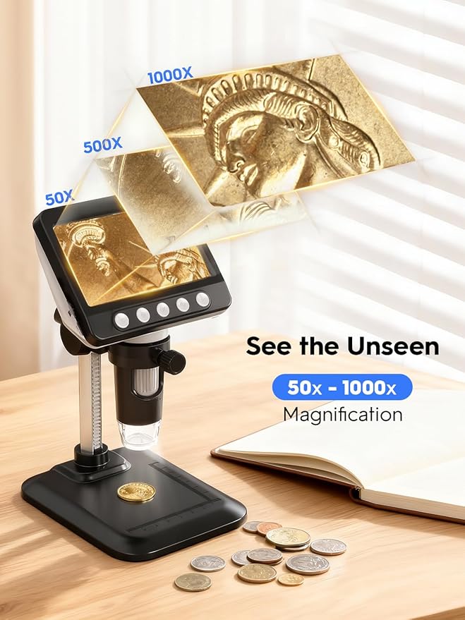 Coin Microscope, 4.3" LCD USB Digital 1000X 1080P Coin Magnifier | 8 Adjustable - Image 2