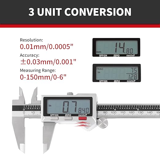 8 Inch/ 200mm IP54 Grade Stainless Steel Digital Caliper & Stainless Steel Rule, Inch/Millimeter/Fraction Conversion, Large LCD Screen