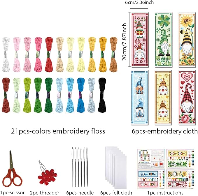 FREEBLOSS 6 Set Cross Stitch Bookmark Kit St. Patrick Gnome Pattern Stamped - Image 2