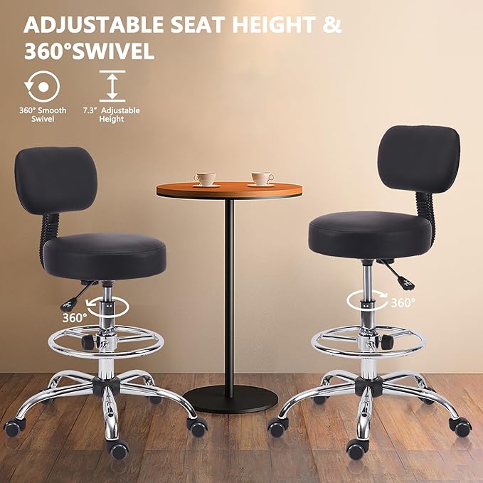 Drafting Stool Chair with Back, Adjustable Foot Rest Backrest Swivel Rolling Stool, Multi-Purpose Office Desk Chair, Thickened Seat for Home Bar Spa Kitchen Shop 2pack