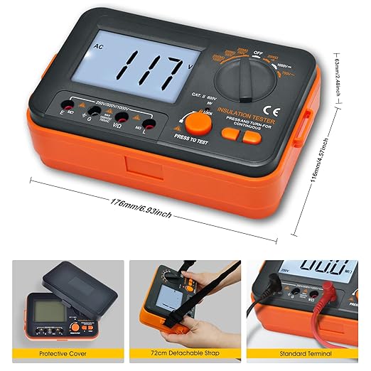 BTMETER Megohmmeter 1000V Insulation Resistance Tester, Electrical Megaohm Meter 200MΩ~2K Megohm Megger with 250V/500V/1000V Testing Voltage, Digital Multimeter Measure AC DC Voltage