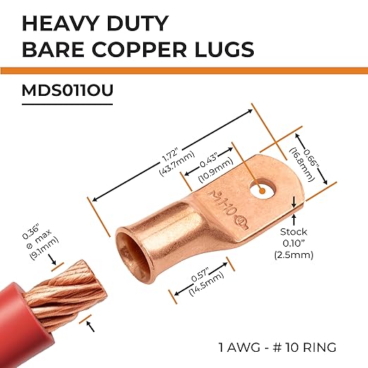 SELTERM 10pcs 1 AWG - #10 Stud - Battery Lugs, Heavy Duty Wire Lugs, Ring Terminals, Battery Cable Ends,1 Gauge Terminals, UL Bare Copper Eyelets Electrical Battery Terminal Connectors