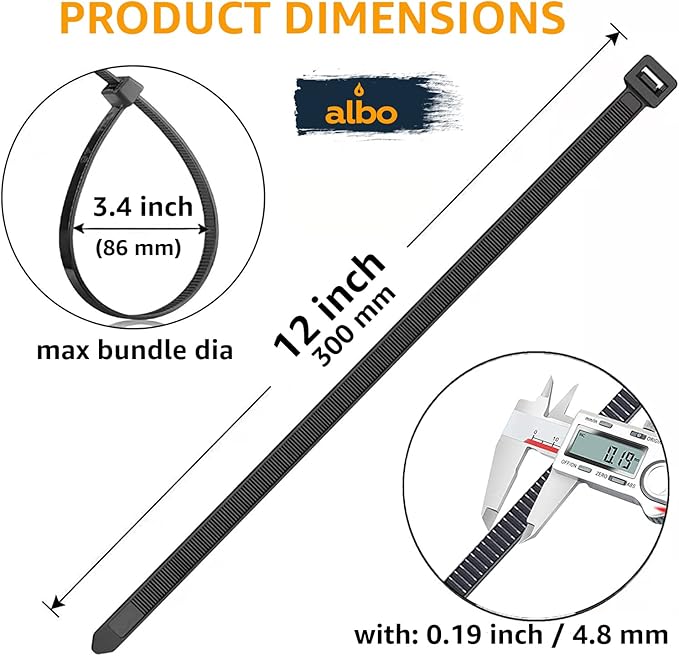 ALBO Black Zip Ties 12 Inch Long Zip Ties Plastic Cable Ties Thick 0.19 Inch 100 Pack Tie Wraps Heavy Duty 50lb UV Resistant Nylon Wire Ties for Indoor and Outdoor